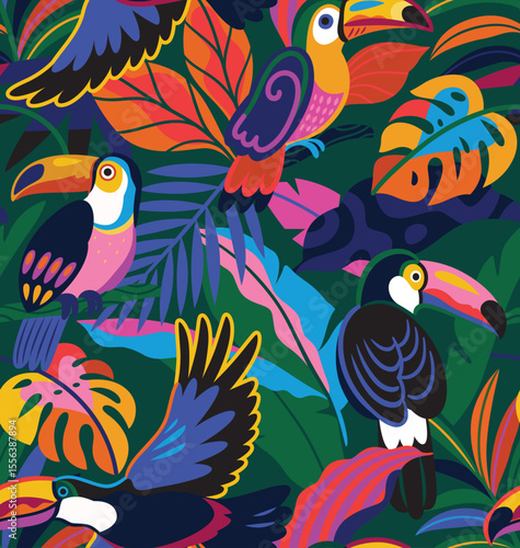 Seamless pattern with tropical birds toucans and leaves