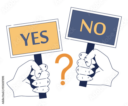 Yes no decision making choice question mark dilemma hands holding signs opinion debate vote poll election 100 vector art illustration and png 