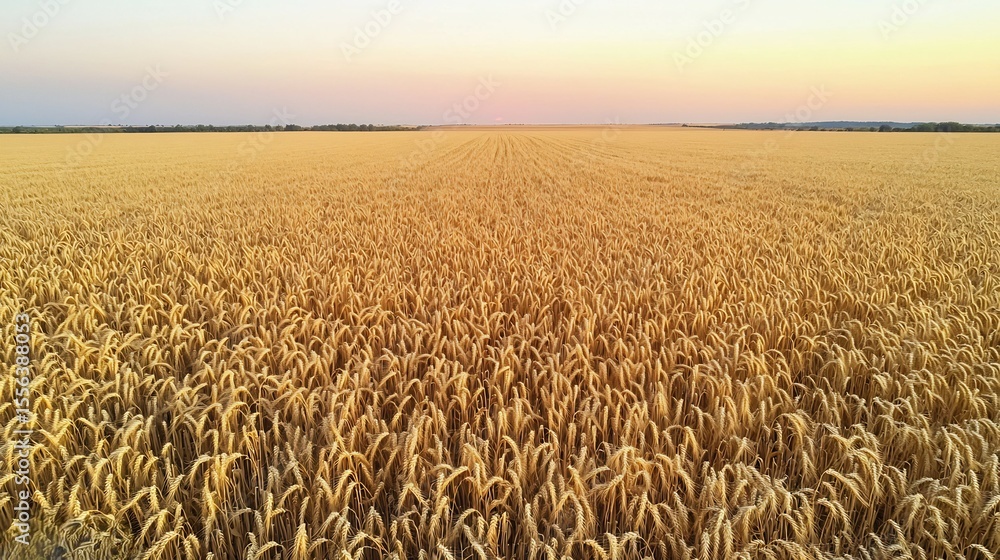 Naklejka premium Aerial view of golden wheat field at sunset cinematic rural beauty