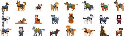 Police canine unit icons set. Different breeds of dogs wearing backpacks, ready for hiking, camping, or assisting rescuers