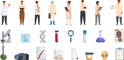 Forensic analysis icons set. Forensic scientists collecting evidence, analyzing samples, and using tools for crime scene investigation