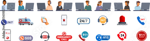 Emergency call center icons set. Emergency service dispatchers providing 247 support and various emergency icons for quick assistance
