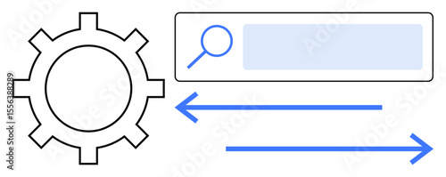 Gear icon joined by a search bar with magnifying glass, featuring horizontal arrows. Ideal for SEO, analytics, automation, technology, innovation, digital marketing, and simple landing page