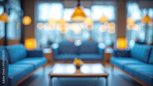 Modern Lounge Interior Bokeh Effect Soft Focus Blue Sofas Warm Lighting Contemporary Design