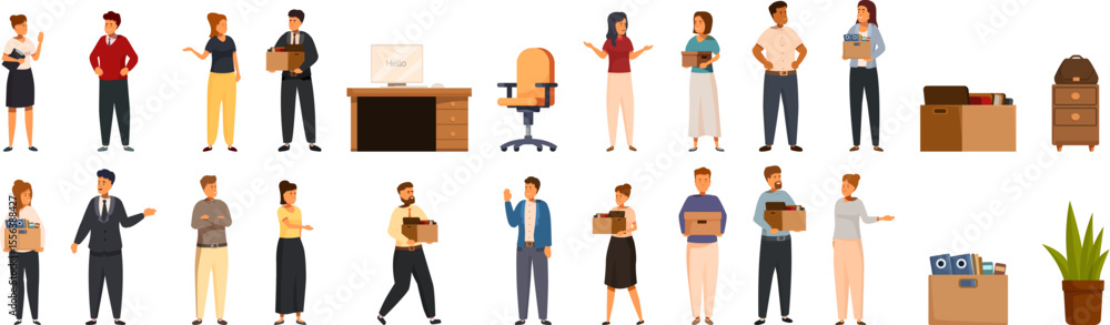 Obraz premium First day work icons set. Office workers leaving their jobs, carrying boxes with personal items, after being dismissed