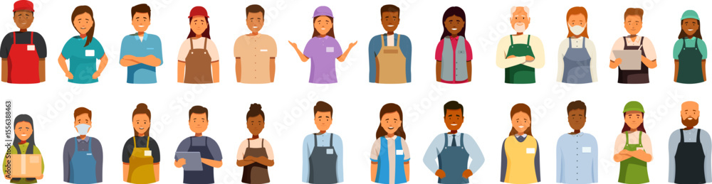 Naklejka premium Retail worker icons set. Diverse supermarket workers wearing aprons and uniforms, representing teamwork and customer service