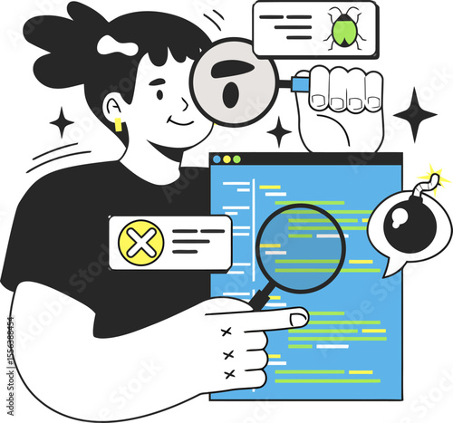Software testing debugging code development bug fixing programmer magnifier security vulnerability analysis vector art illustration and png 