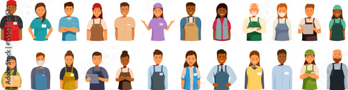 Retail worker icons set. Diverse supermarket workers wearing aprons and uniforms, representing teamwork and customer service