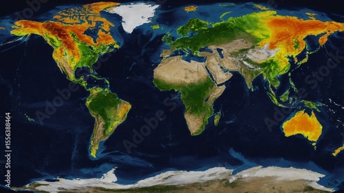 Detailed World Map Illustrating Geographical Features, Vegetation Types, and Climate Zones of Various Continents and Regions Across the Globe