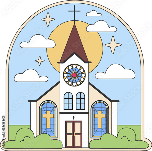 Illustration church building architecture religion christianity cross sky clouds sun stars faith hope 100 vector art illustration and png 