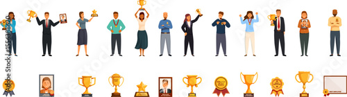 Employee month award icons set. Proud managers and workers celebrating their achievements with trophies and framed certificates, recognizing excellence and success in business