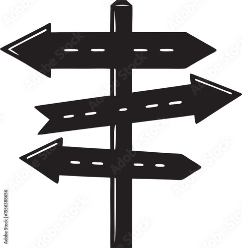 Black directional signpost with three arrows white