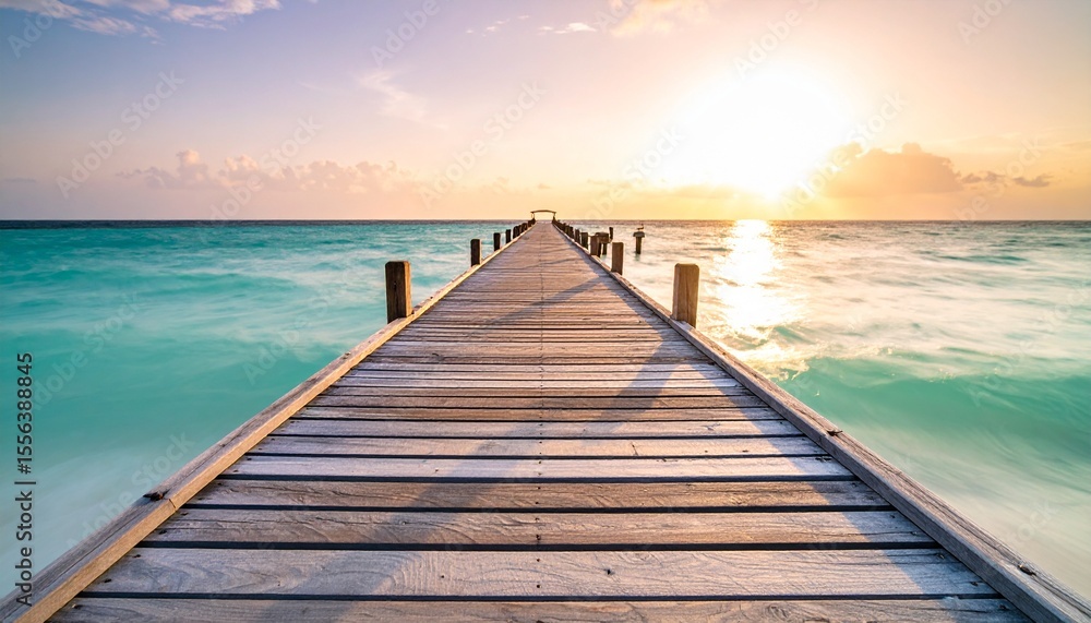 Fototapeta premium muelle de madera que se extiende directamente hacia el horizonte, sumergiéndose en un mar de un llamativo color turquesa.
