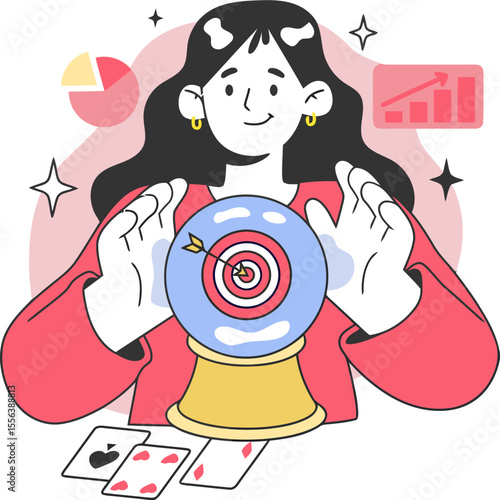 Woman fortune teller crystal ball future prediction target arrow chart growth cards astrology magic vector art illustration and png 