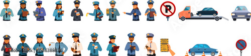 Parking inspector icons set. Police officers performing various duties, including writing tickets, directing traffic, and towing illegally parked cars