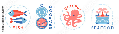 Set of modern seafood logo, label or emblem design with fish, canned red fish and octopus. Vector illustration