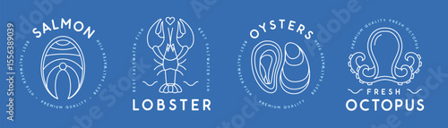Set of modern line art seafood logo, label or emblem design with salmon, lobster, oysters and octopus. Vector illustration