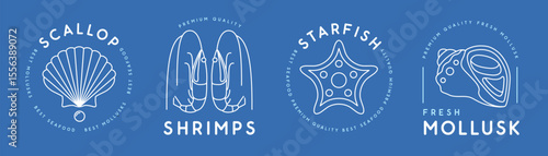 Set of modern line art seafood logo, label or emblem design with scallop, shrimps, starfish and mollusks. Vector illustration