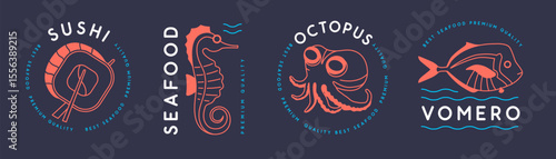 Set of modern seafood logo, label or emblem design with sushi, seahorse, vomero fish and octopus. Vector illustration