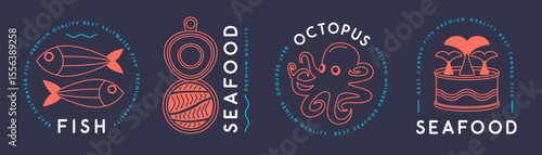 Set of modern seafood logo, label or emblem design with fish, canned red fish and octopus. Vector illustration