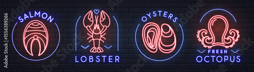 Set of neon seafood signs, logos, labels or emblems  with salmon, lobster, oysters and octopus. Vector illustration