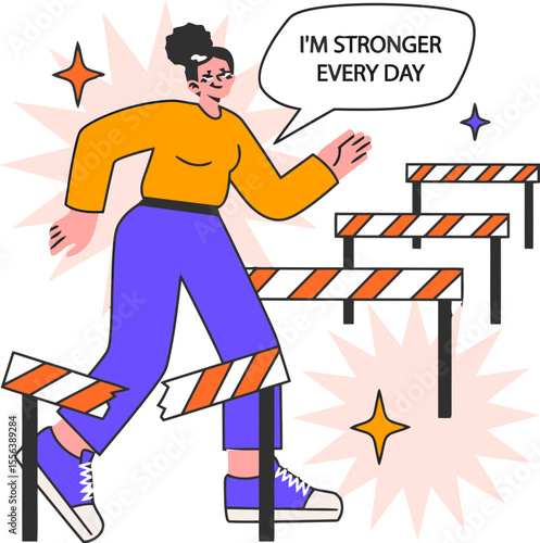 Woman overcoming hurdles stronger every day illustration vector obstacle challenge success growth progress vector art illustration and png 
