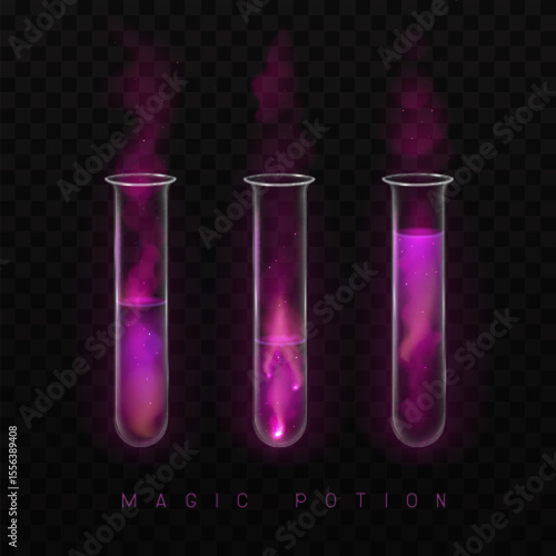 Set of mystery magic laboratory flasks or chemistry measuring glass tubes  with purple potion and smoke isolated on black background. Vector illustration