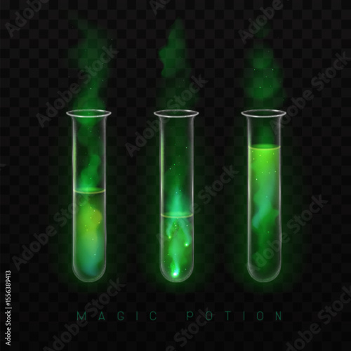 Set of mystery magic laboratory flasks or chemistry measuring glass tubes  with green potion and smoke isolated on black background. Vector illustration