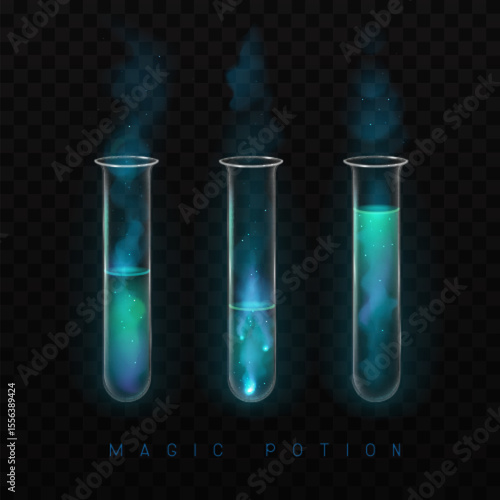 Set of mystery magic laboratory flasks or chemistry measuring glass tubes  with blue potion and smoke isolated on black background. Vector illustration