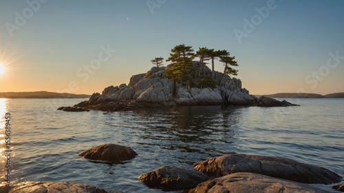 Breathtaking Sunset Over a Secluded Island With Rocky Shoreline and Trees Reflecting Tranquility