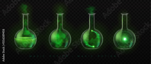 Set of mystery magic laboratory flasks or chemistry measuring glass tubes  with green potion and smoke isolated on black background. Vector illustration