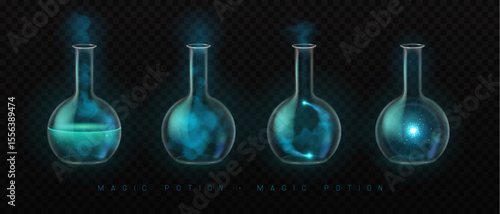 Set of mystery magic laboratory flasks or chemistry measuring glass tubes  with blue potion and smoke isolated on black background. Vector illustration