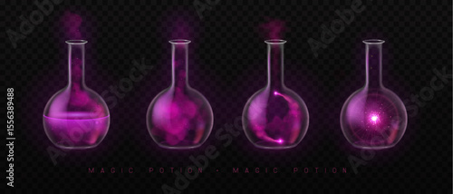 Set of mystery magic laboratory flasks or chemistry measuring glass tubes  with purple potion and smoke isolated on black background. Vector illustration