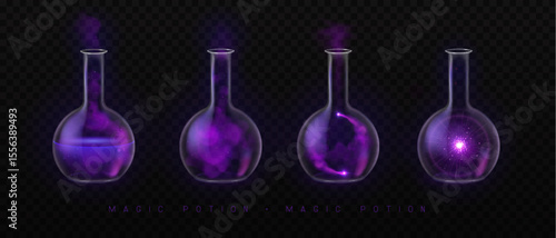 Set of mystery magic laboratory flasks or chemistry measuring glass tubes  with purple potion and smoke isolated on black background. Vector illustration