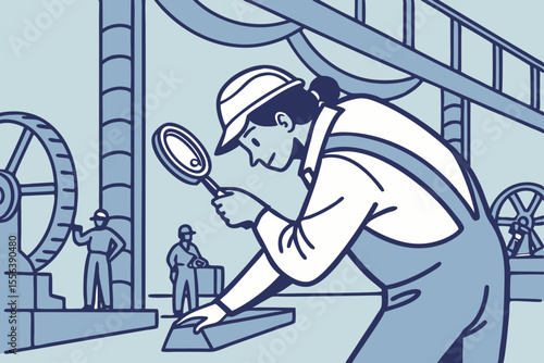 Focused worker inspecting part in steel factory, ideal for precision, engineering, or manufacturing advertising.