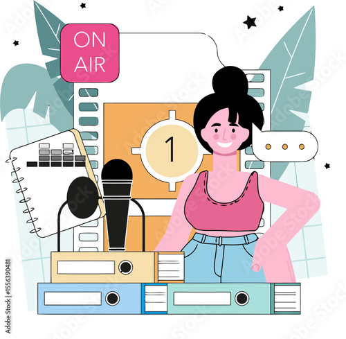 Woman podcasting microphone on air recording studio production broadcasting media audio files episode vector art illustration and png 