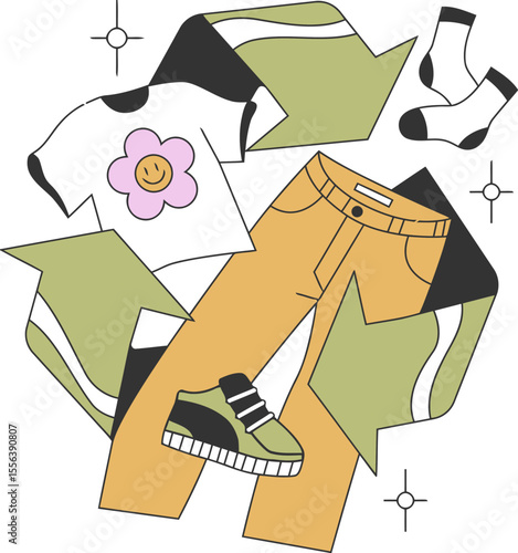 Recycle fashion clothing sustainable textile reuse reduce waste eco friendly circular economy apparel vector art illustration and png 