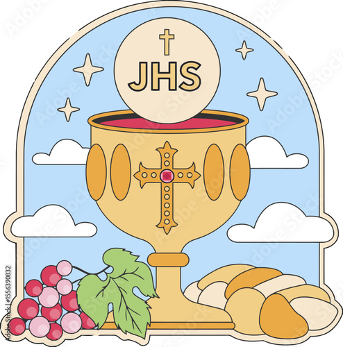 Chalice eucharist catholicism religion communion bread grapes stars clouds illustration design art vector art illustration and png 