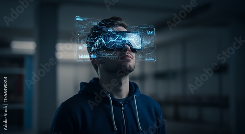 Futuristic Vision: Young Man Immersed in Holographic Data Stream