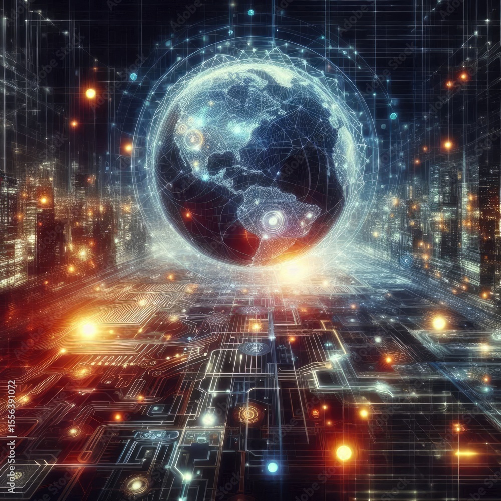 Obraz premium A symbolic and abstract image representing the internet and global connectivity. Features digital networks, glowing data streams, and futuristic cityscapes, evoking themes of technology and communicat