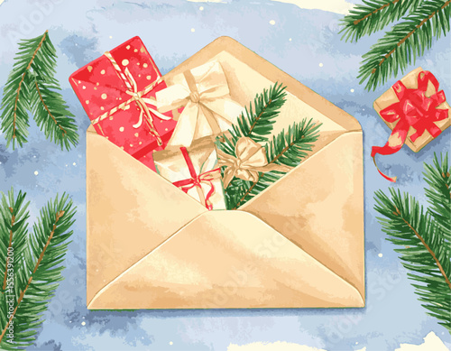 Watercolor Christmas Gift Envelope Illustration Festive Holiday Design, watercolor christmas tree, vector watercolor christmas tree, Beautiful vintage flower, Watercolor christmas tree collection,