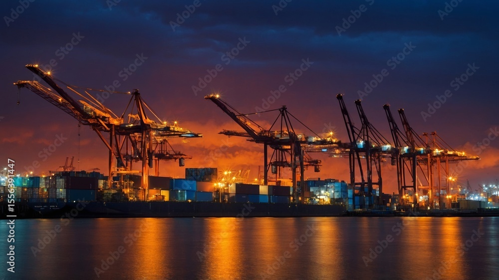 Obraz premium Industrial Waterfront at Twilight With Illuminated Cranes and Containers Reflecting in the Water