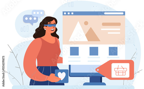 Woman vr website computer online shopping marketing digital technology business commerce virtual reality web vector art illustration and png 