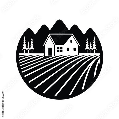 Monochrome logo featuring a house in a rural farm land scape