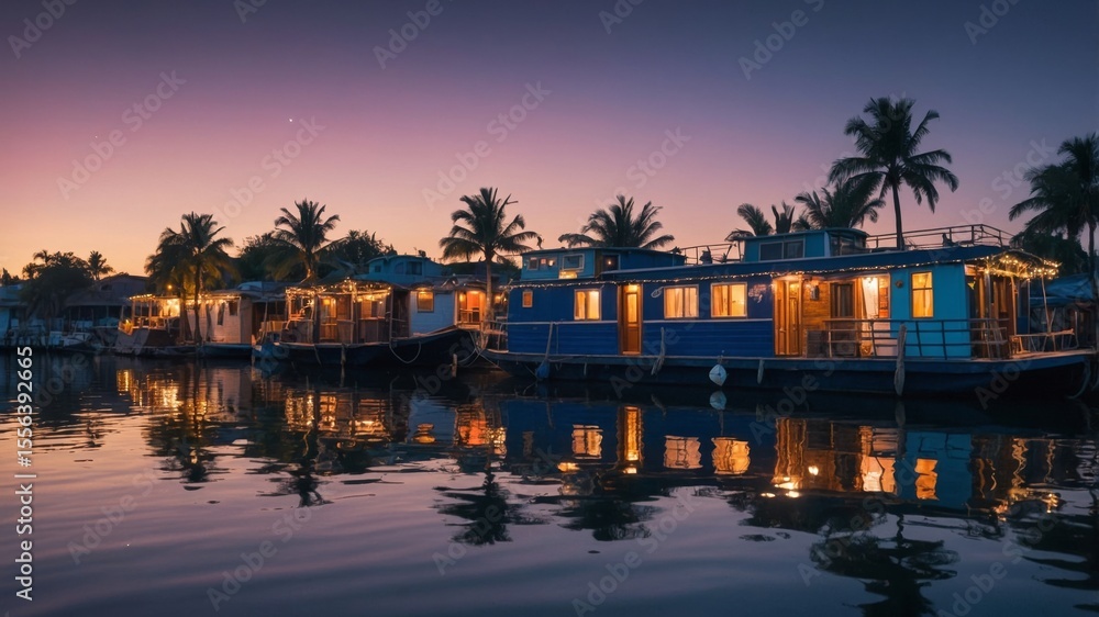 Fototapeta premium Beautiful Houseboats Illuminated Along the Tranquil Waterway at Dusk With Palm Trees Silhouetted Against a Colorful Sky