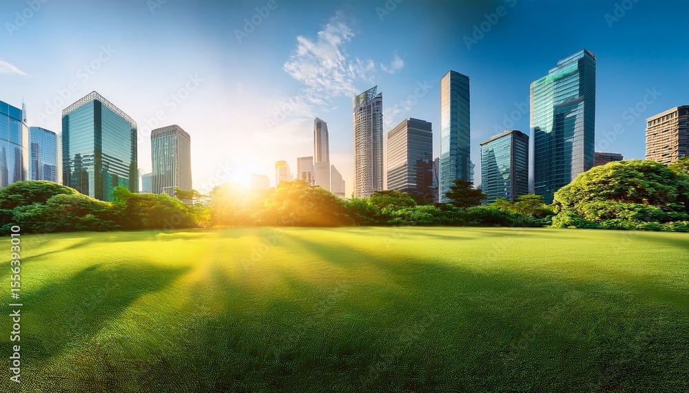 Fototapeta premium sunlit skyscrapers and lush greenery