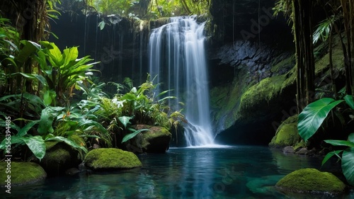 Majestic Waterfall Cascades Into Serene Pool Surrounded by Lush Greenery in Tropical Rainforest Setting