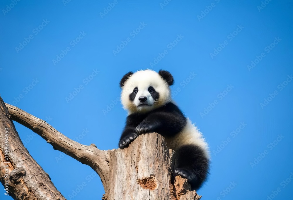 Obraz premium Fluffy panda cub ascends a tree trunk against a bright blue sky, wild animal, fun