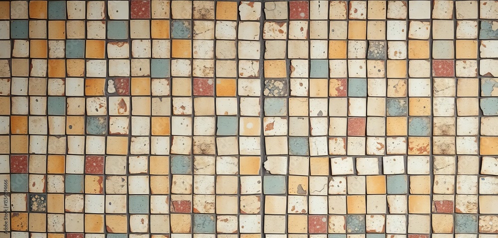 Fototapeta premium Faded Venetian mosaic, crumbling ceramic tiles, abstract pattern, aged beauty, tile, detail