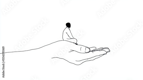Wallpaper Mural Line art of tiny person seated on a hand symbolizing care and introspection Torontodigital.ca